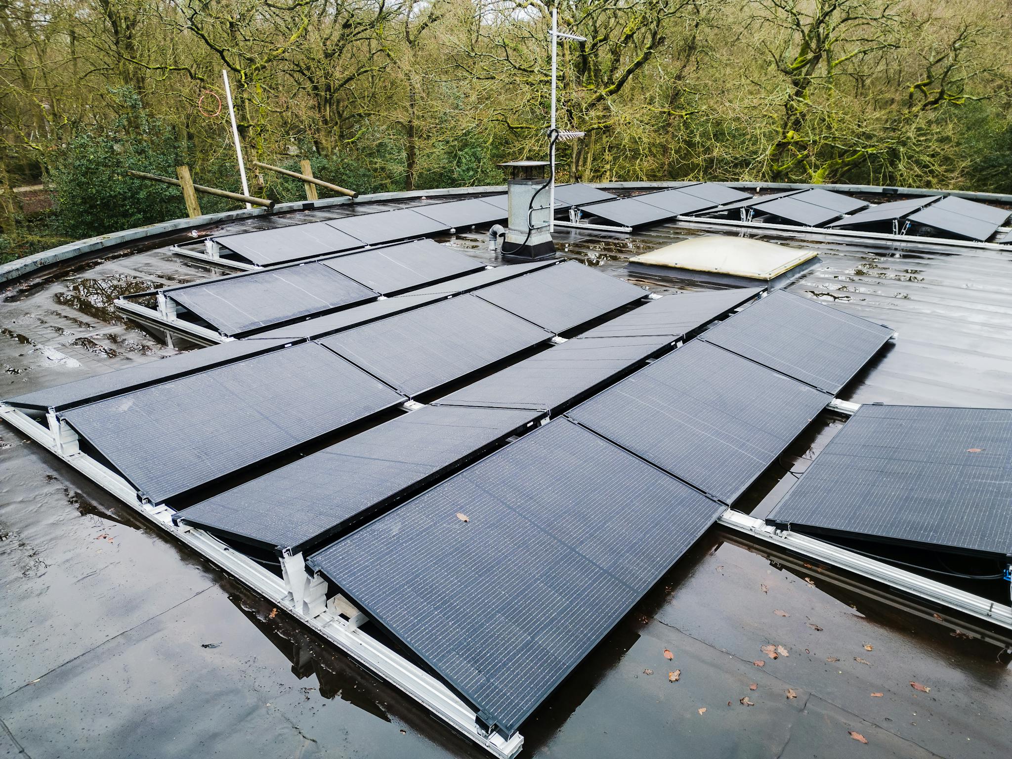 Rooftop solar panels in a natural setting, showcasing renewable energy solutions.